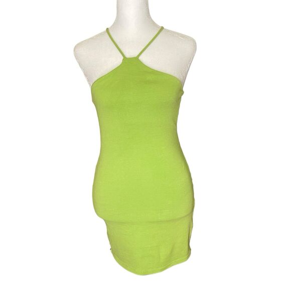 ZARA Small Bodycon Mini Dress Lime Green High Neck Halter Stretch - Picture 1 of 8